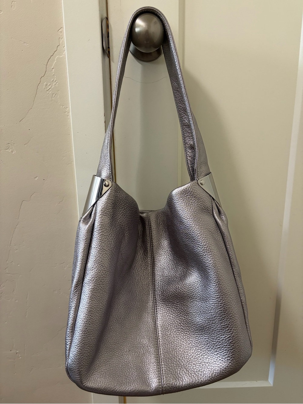 Vince Camuto Hobo Tote Bag Silver Metallic Pebbled Leather Shoulder Bag